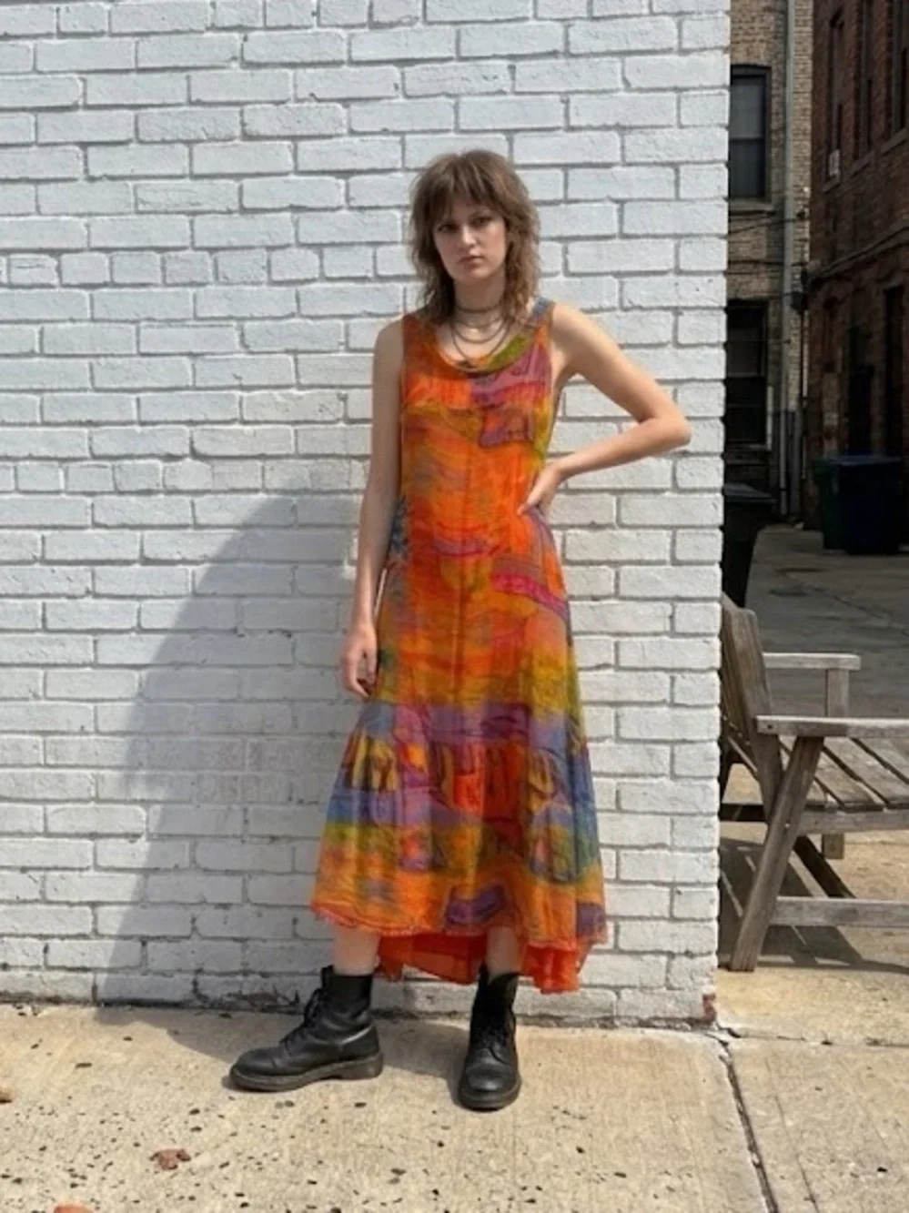 Vintage 90s Grunge Abstract Orange Art Wear Print Mesh Maxi Dress Size Small - Picture 3 of 12